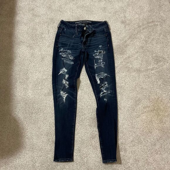 American Eagle Outfitters Denim - AE distressed, skinny jeans, size 2 dark wash, high-rise stretch denim